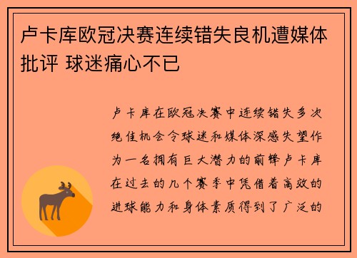 卢卡库欧冠决赛连续错失良机遭媒体批评 球迷痛心不已